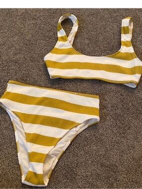 Striped High-Waist Bikini Set in Mustard + White
